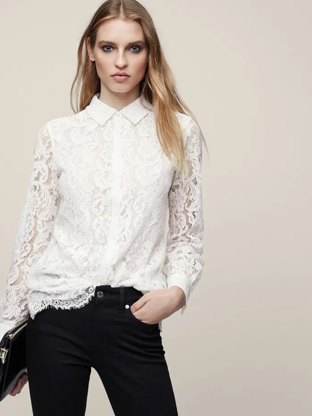 REISS Yasi Off-White Floral Lace Collared Shirt Long Sleeve Blouse US 2